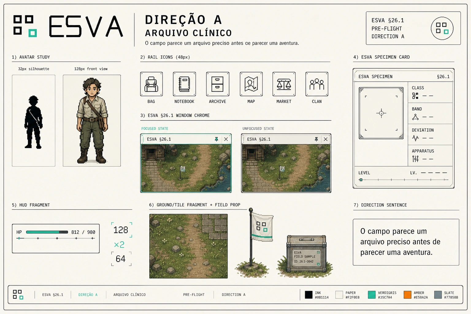 Direção A — Arquivo Clínico: a prancha de direção de arte aprovada do ESVA, com estudo de avatar, ícones de régua, chrome de janela, ficha de espécime, fragmento de HUD e terreno.